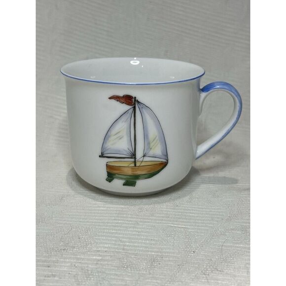 Ann Marie Murray Sailboat Childs Cup Hand Painted Porcelain 3”H White Nautical - Picture 1 of 8